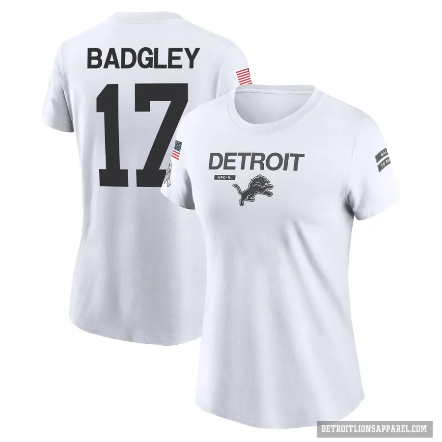 Women's ＃17 Michael Badgley Detroit Lions White 2024 Salute to Service Performance T-Shirt