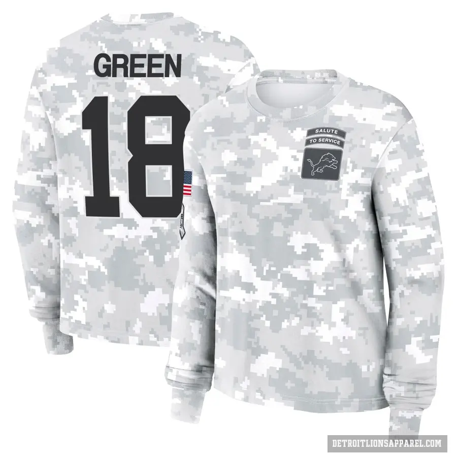Women's ＃18 Antoine Green Detroit Lions Green Arctic Camo 2024 Salute to Service Long Sleeve T-Shirt