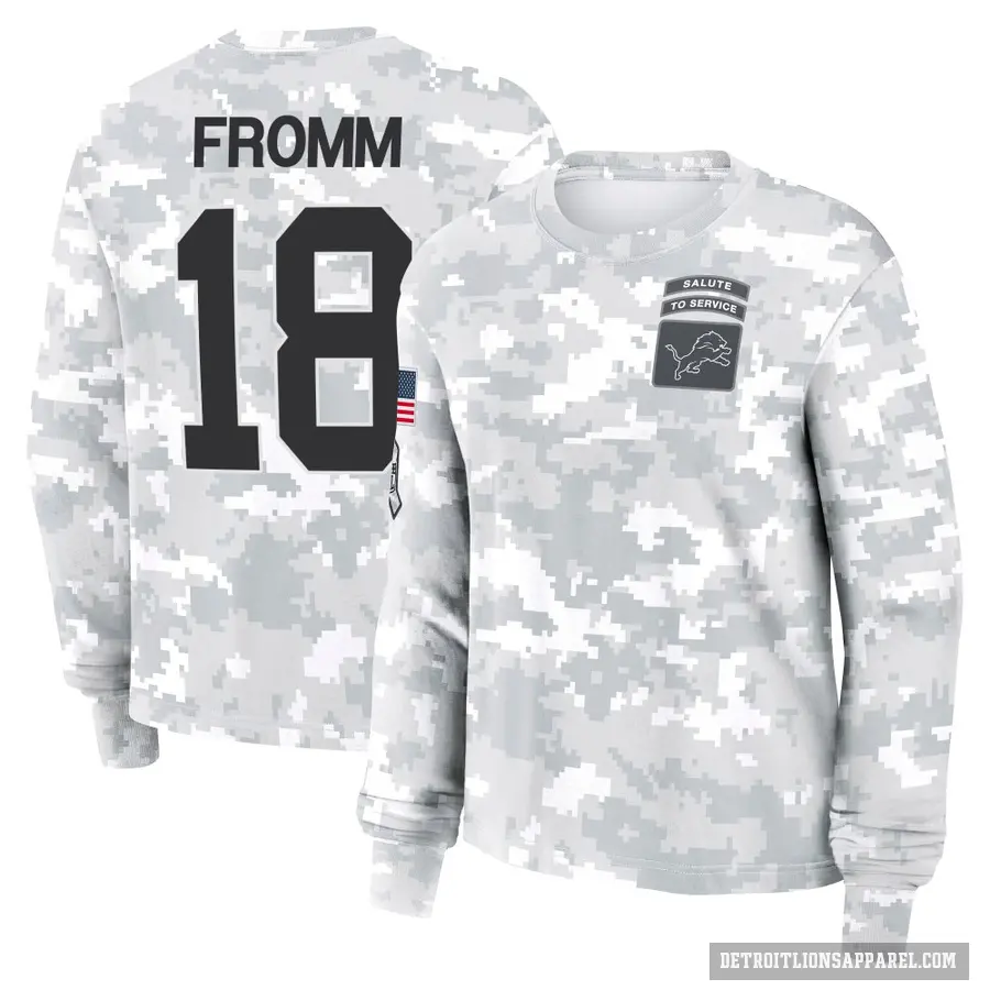 Women's ＃18 Jake Fromm Detroit Lions Camo Arctic 2024 Salute to Service Long Sleeve T-Shirt