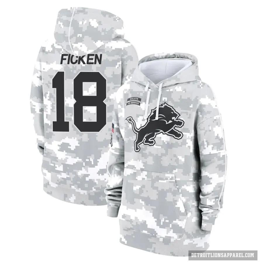 Women's ＃18 Sam Ficken Detroit Lions Arctic Camo 2024 Salute to Service Club Fleece Pullover Hoodie