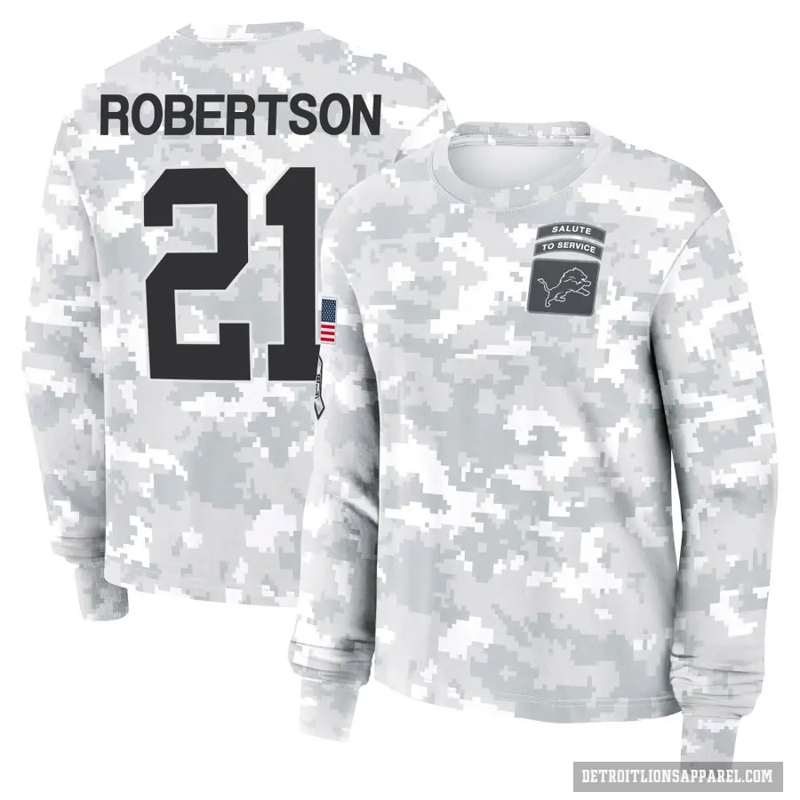 Women's ＃21 Amik Robertson Detroit Lions Camo Arctic 2024 Salute to Service Long Sleeve T-Shirt