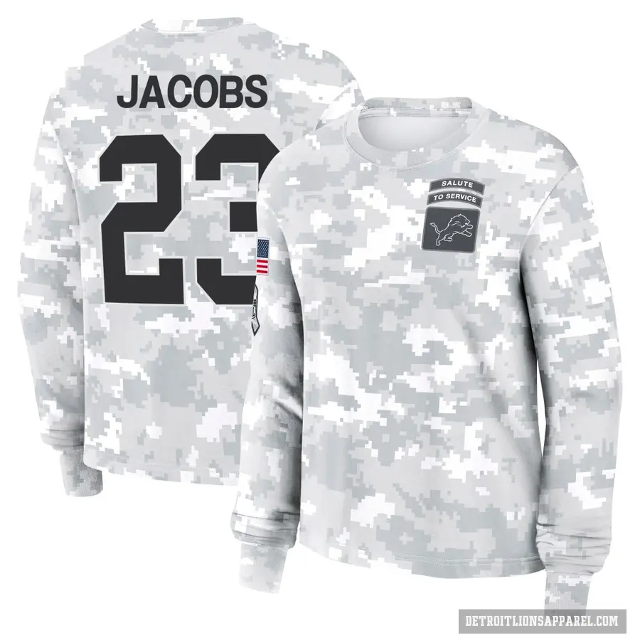 Women's ＃23 Jerry Jacobs Detroit Lions Camo Arctic 2024 Salute to Service Long Sleeve T-Shirt