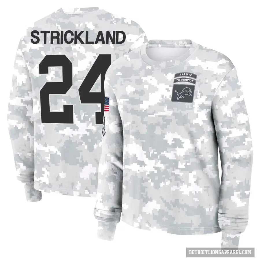 Women's ＃24 Loren Strickland Detroit Lions Camo Arctic 2024 Salute to Service Long Sleeve T-Shirt