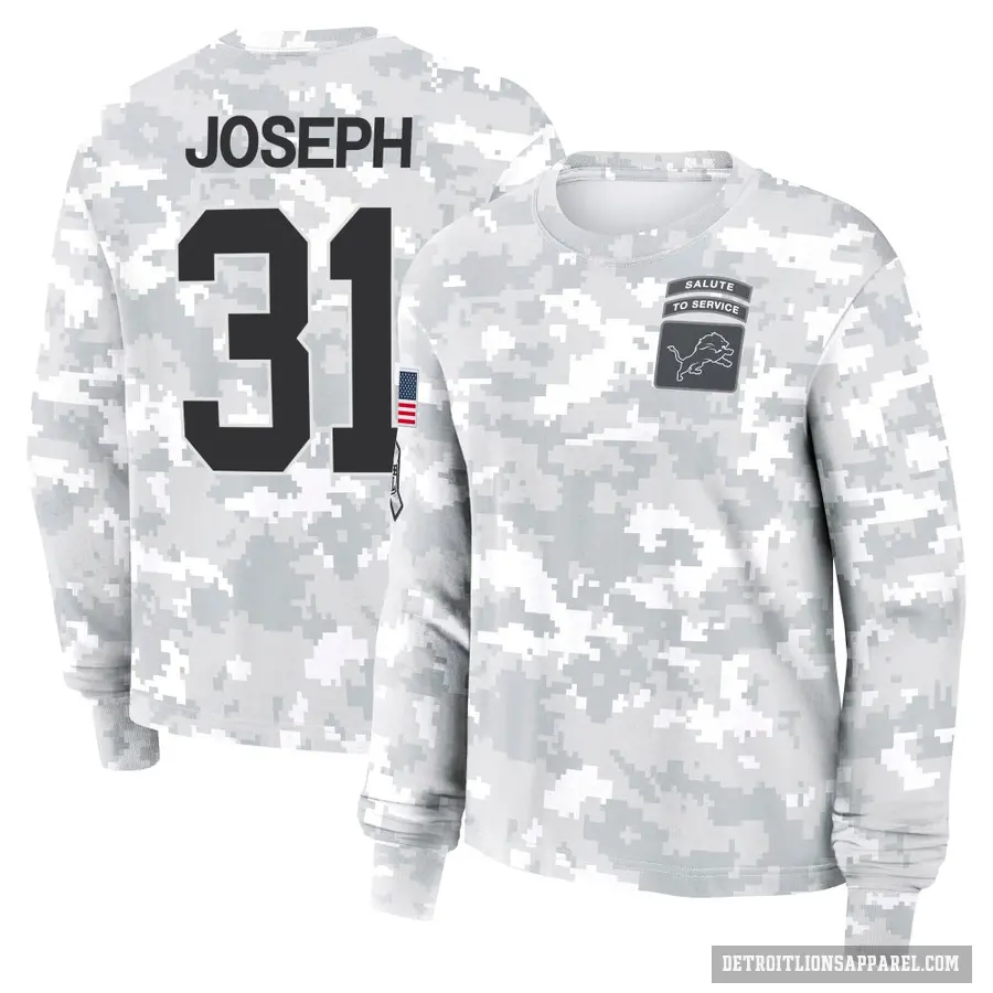 Women's ＃31 Kerby Joseph Detroit Lions Camo Arctic 2024 Salute to Service Long Sleeve T-Shirt