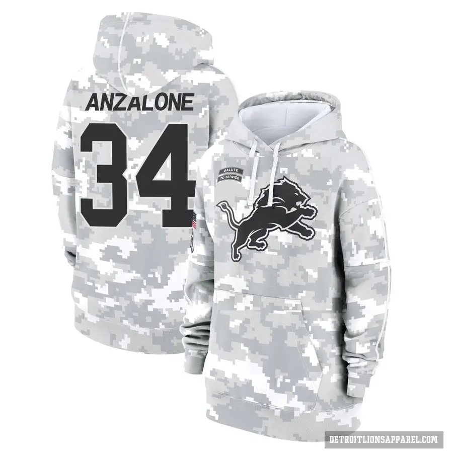 Women's ＃34 Alex Anzalone Detroit Lions Arctic Camo 2024 Salute to Service Club Fleece Pullover Hoodie