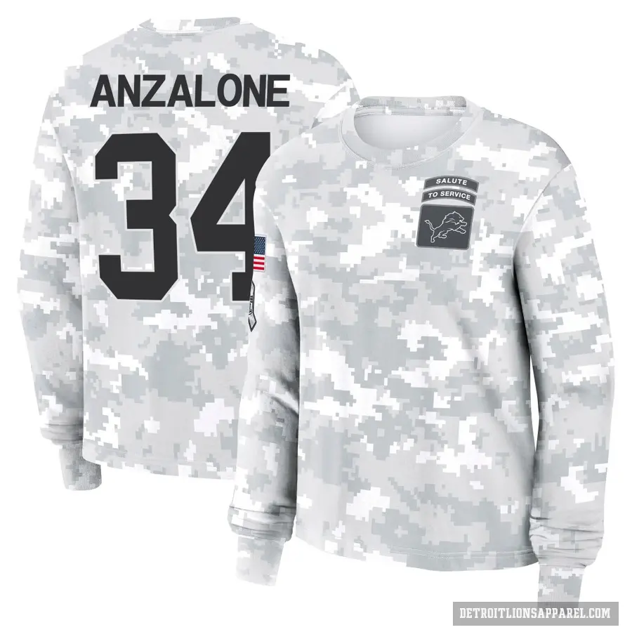 Women's ＃34 Alex Anzalone Detroit Lions Camo Arctic 2024 Salute to Service Long Sleeve T-Shirt