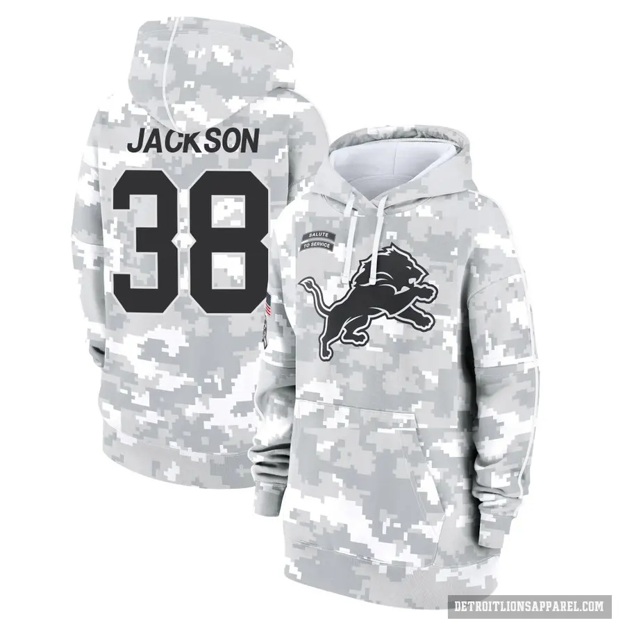 Women's ＃38 Justin Jackson Detroit Lions Arctic Camo 2024 Salute to Service Club Fleece Pullover Hoodie