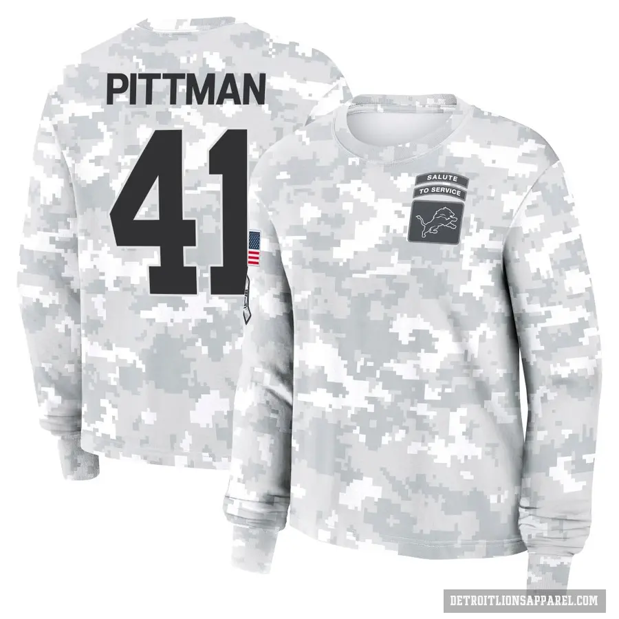 Women's ＃41 Anthony Pittman Detroit Lions Camo Arctic 2024 Salute to Service Long Sleeve T-Shirt