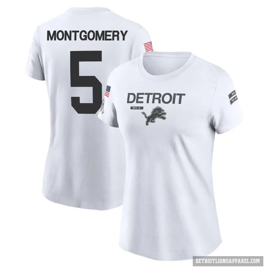 Women's ＃5 David Montgomery Detroit Lions White 2024 Salute to Service Performance T-Shirt
