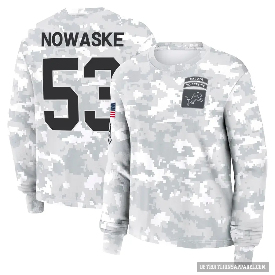 Women's ＃53 Trevor Nowaske Detroit Lions Camo Arctic 2024 Salute to Service Long Sleeve T-Shirt