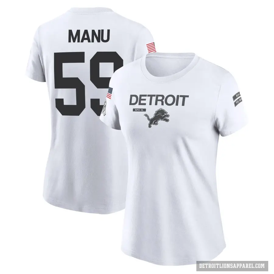 Women's ＃59 Giovanni Manu Detroit Lions White 2024 Salute to Service Performance T-Shirt