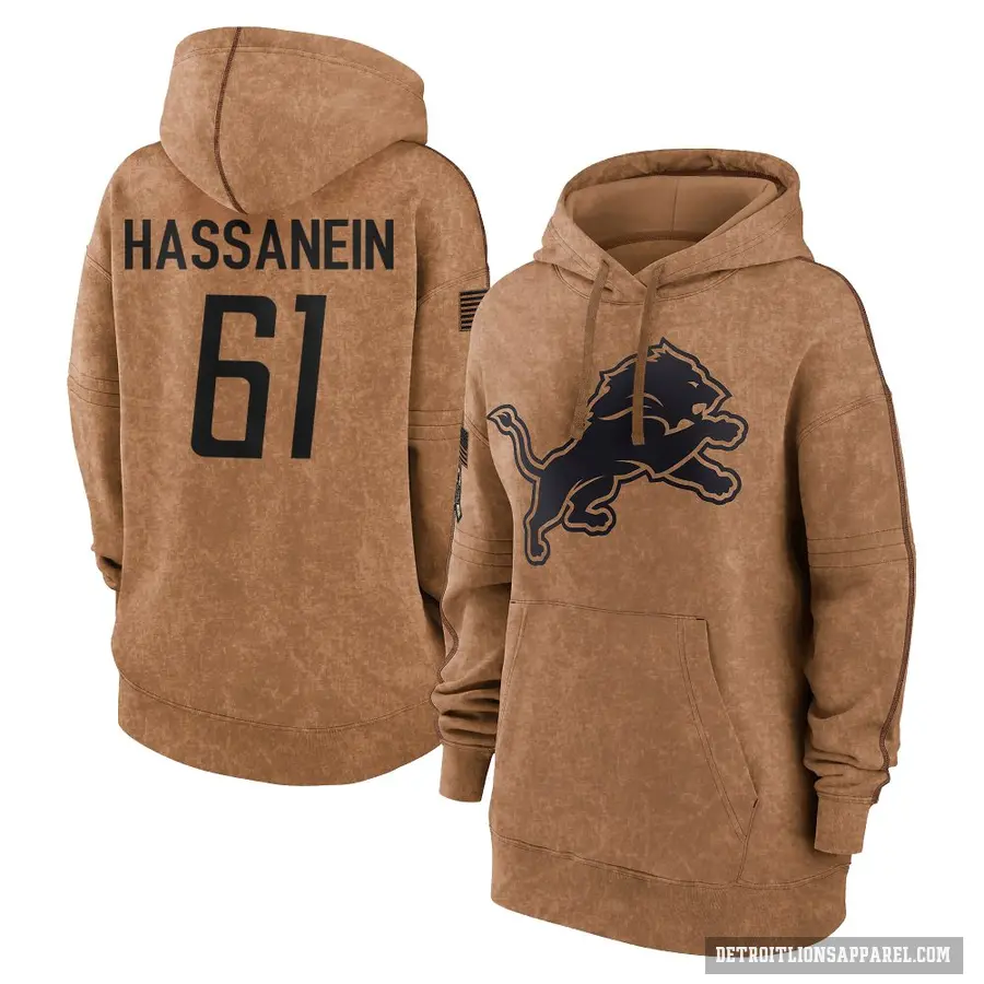 Women's ＃61 Ahmed Hassanein Detroit Lions Brown 2023 Salute To Service Pullover Hoodie