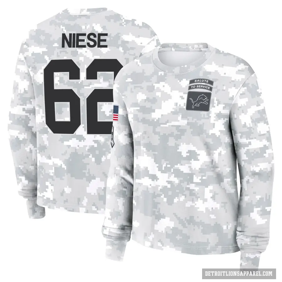 Women's ＃62 Michael Niese Detroit Lions Camo Arctic 2024 Salute to Service Long Sleeve T-Shirt