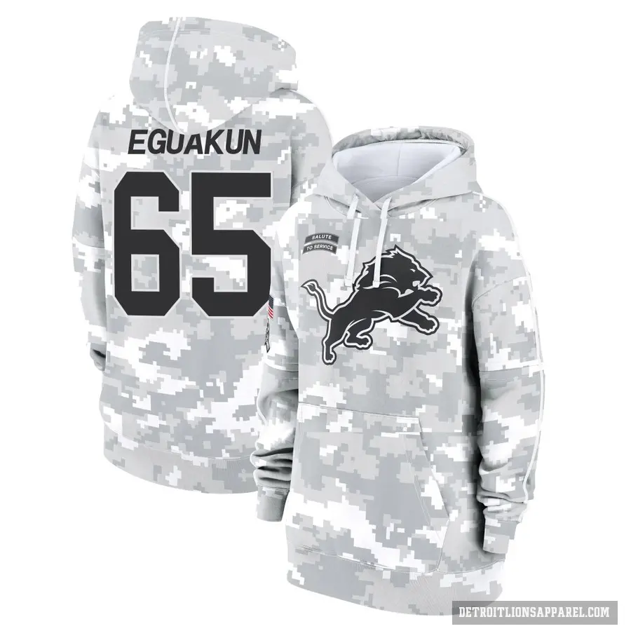 Women's ＃65 Kingsley Eguakun Detroit Lions Arctic Camo 2024 Salute to Service Club Fleece Pullover Hoodie