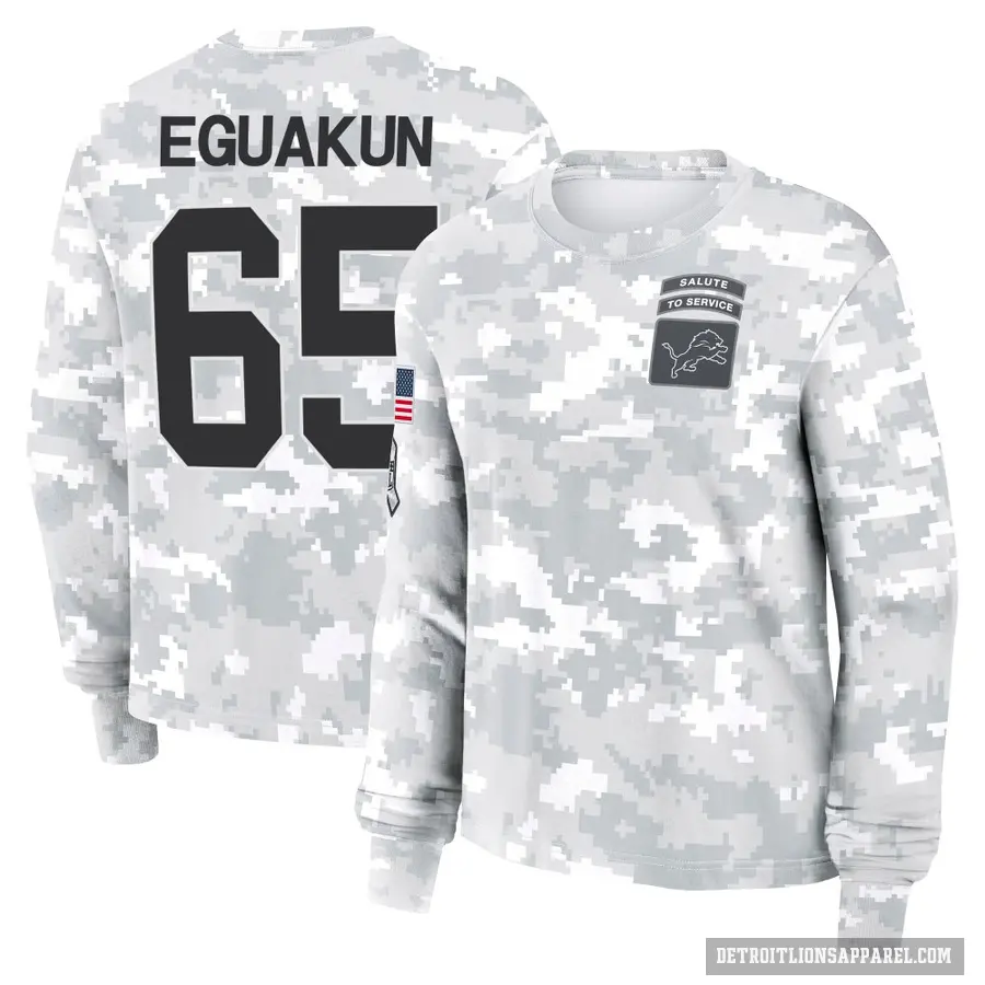 Women's ＃65 Kingsley Eguakun Detroit Lions Camo Arctic 2024 Salute to Service Long Sleeve T-Shirt