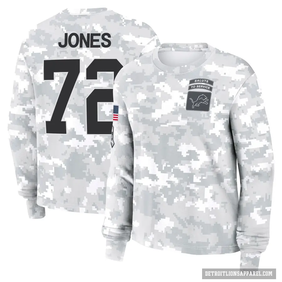 Women's ＃72 Jamarco Jones Detroit Lions Camo Arctic 2024 Salute to Service Long Sleeve T-Shirt