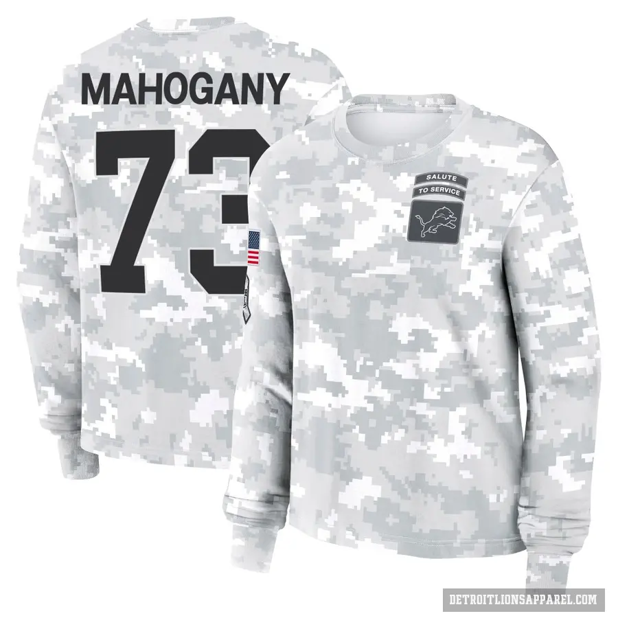 Women's ＃73 Christian Mahogany Detroit Lions Camo Arctic 2024 Salute to Service Long Sleeve T-Shirt