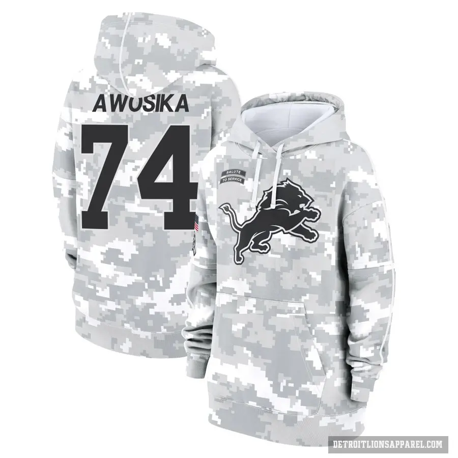 Women's ＃74 Kayode Awosika Detroit Lions Arctic Camo 2024 Salute to Service Club Fleece Pullover Hoodie