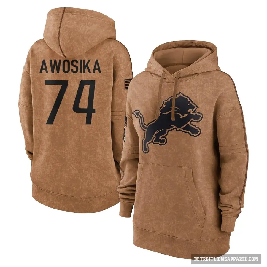 Women's ＃74 Kayode Awosika Detroit Lions Brown 2023 Salute To Service Pullover Hoodie