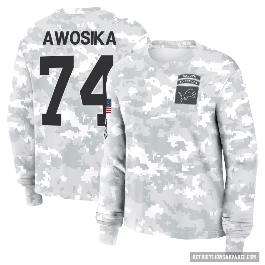 Women's ＃74 Kayode Awosika Detroit Lions Camo Arctic 2024 Salute to Service Long Sleeve T-Shirt
