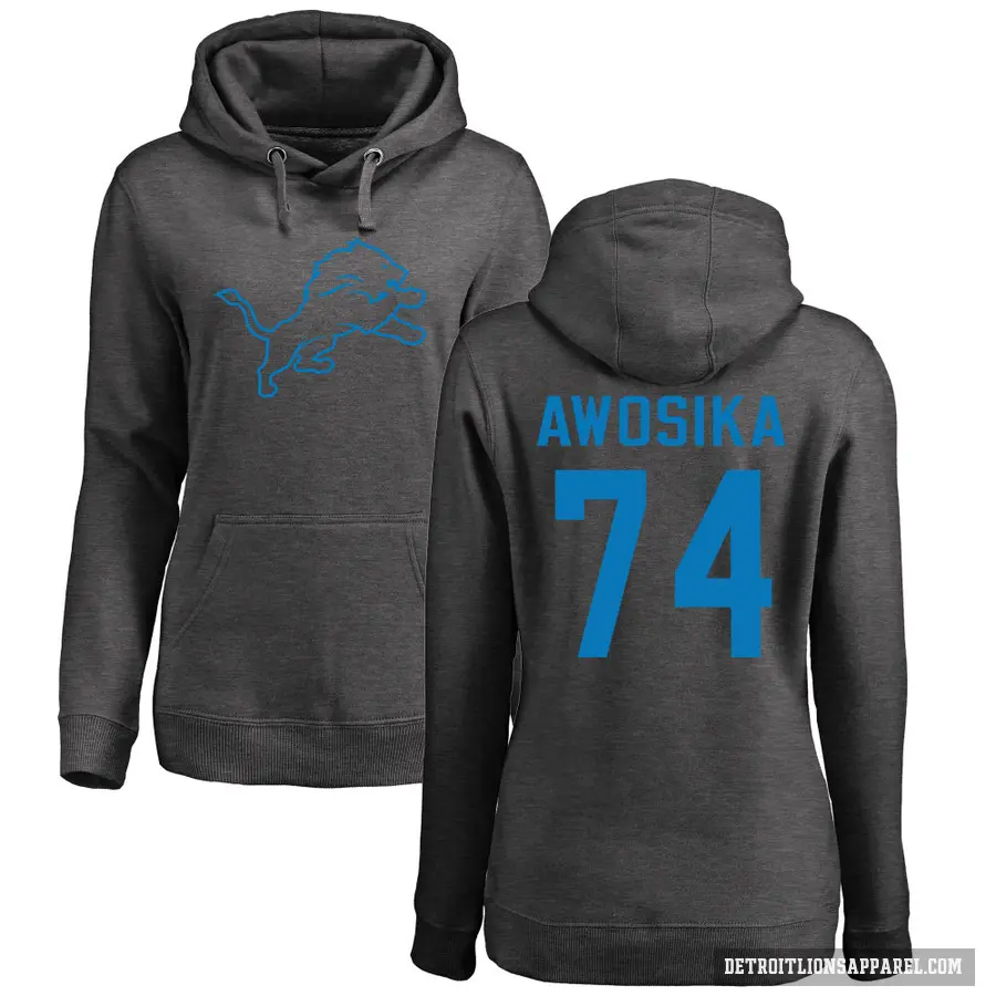 Women's ＃74 Kayode Awosika Detroit Lions Pro Line by Branded Ash One Color Pullover Hoodie