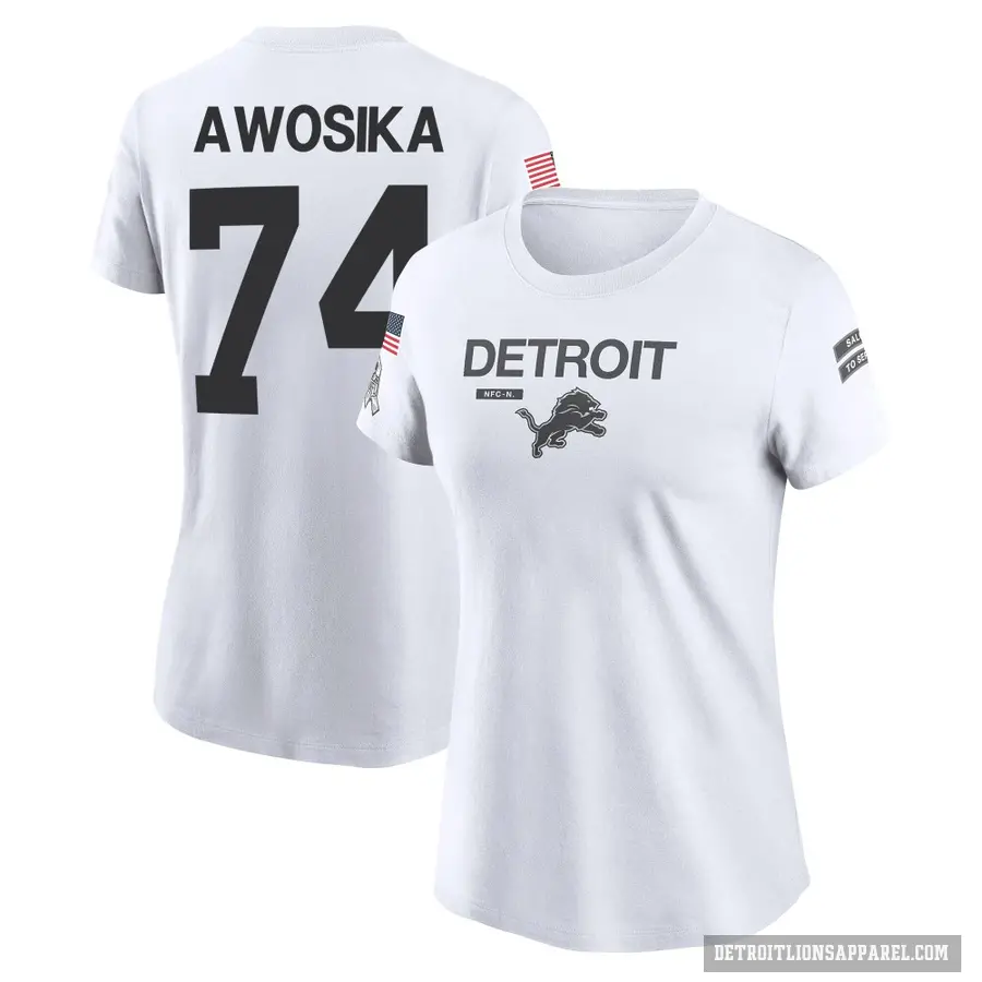 Women's ＃74 Kayode Awosika Detroit Lions White 2024 Salute to Service Performance T-Shirt