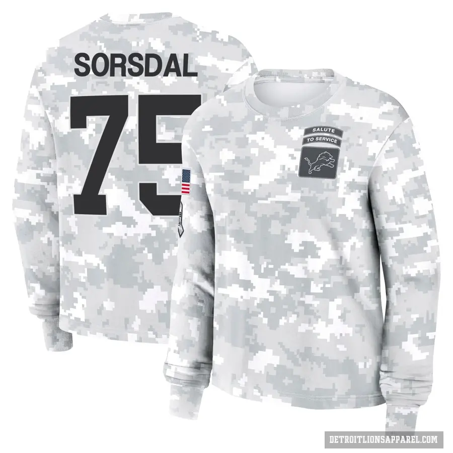 Women's ＃75 Colby Sorsdal Detroit Lions Camo Arctic 2024 Salute to Service Long Sleeve T-Shirt