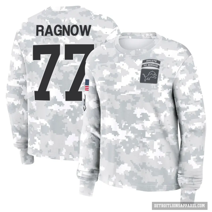 Women's ＃77 Frank Ragnow Detroit Lions Camo Arctic 2024 Salute to Service Long Sleeve T-Shirt