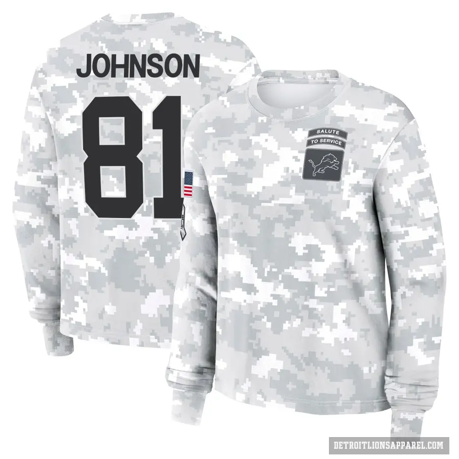 Women's ＃81 Calvin Johnson Detroit Lions Camo Arctic 2024 Salute to Service Long Sleeve T-Shirt