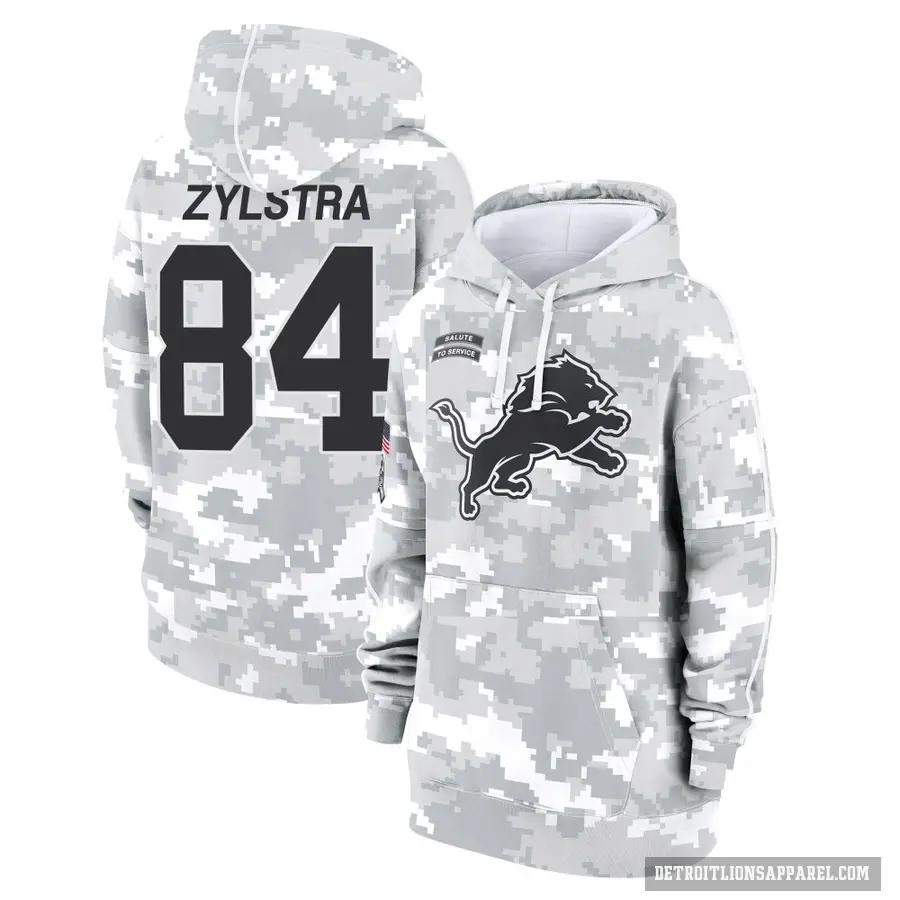 Women's ＃84 Shane Zylstra Detroit Lions Arctic Camo 2024 Salute to Service Club Fleece Pullover Hoodie