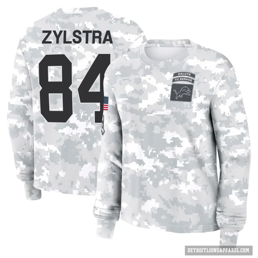 Women's ＃84 Shane Zylstra Detroit Lions Camo Arctic 2024 Salute to Service Long Sleeve T-Shirt
