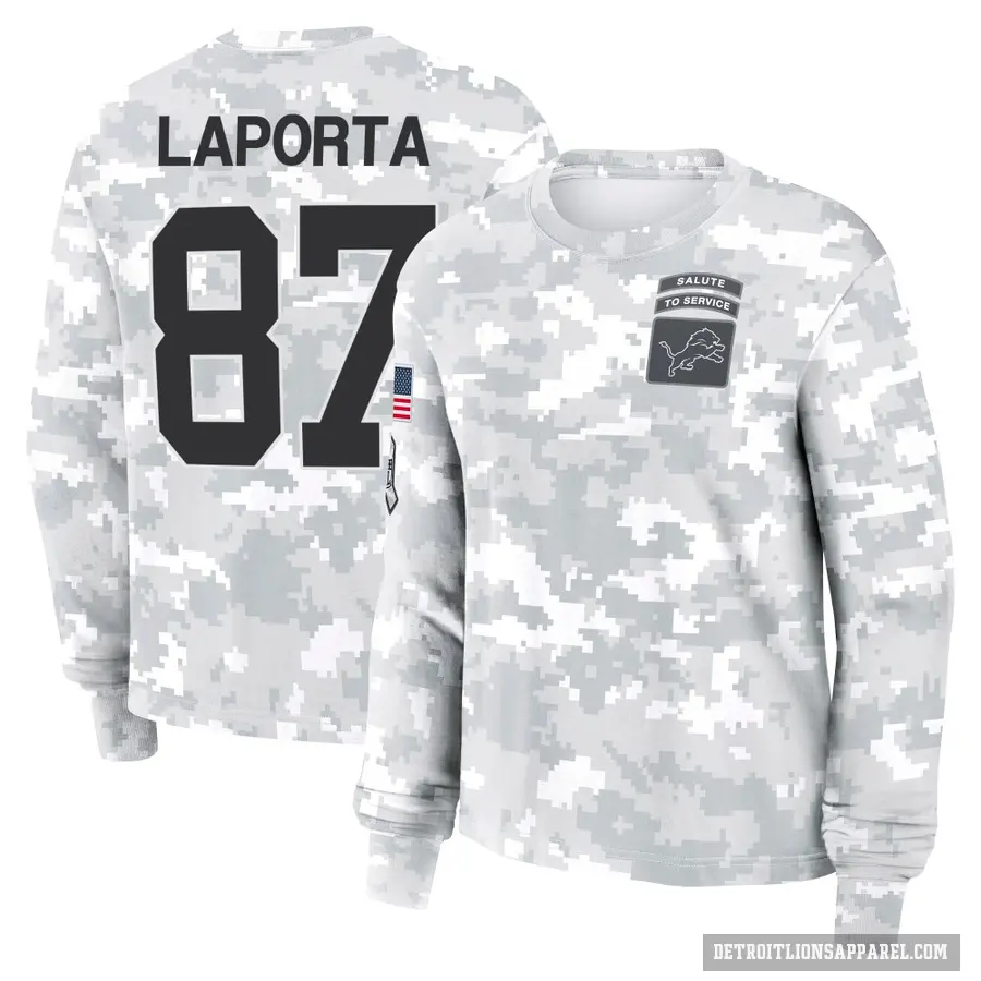 Women's ＃87 Sam LaPorta Detroit Lions Camo Arctic 2024 Salute to Service Long Sleeve T-Shirt