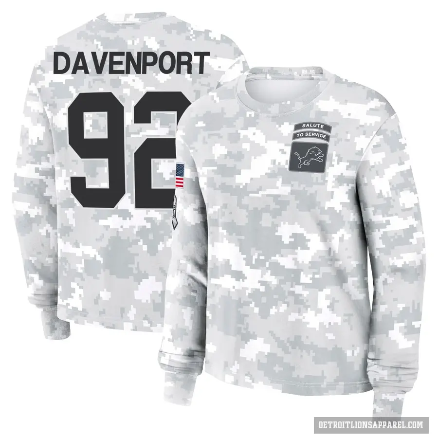 Women's ＃92 Marcus Davenport Detroit Lions Camo Arctic 2024 Salute to Service Long Sleeve T-Shirt