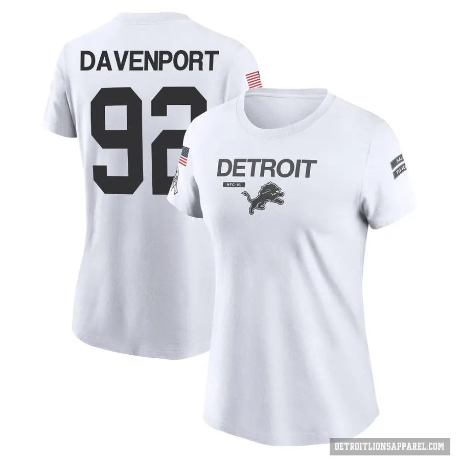 Women's ＃92 Marcus Davenport Detroit Lions White 2024 Salute to Service Performance T-Shirt
