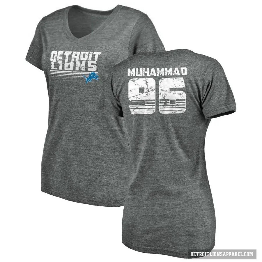 Women's ＃96 Al-Quadin Muhammad Detroit Lions Gray Retro V-Neck T-Shirt Heathered
