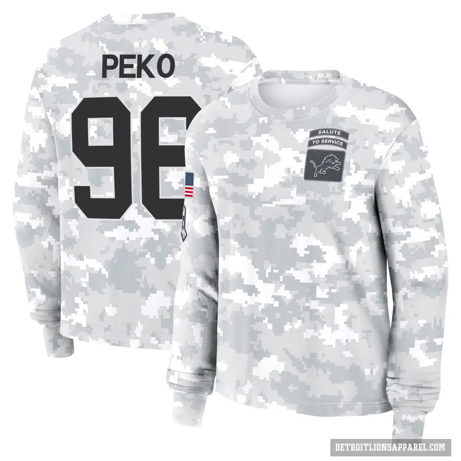 Women's ＃96 Kyle Peko Detroit Lions Camo Arctic 2024 Salute to Service Long Sleeve T-Shirt