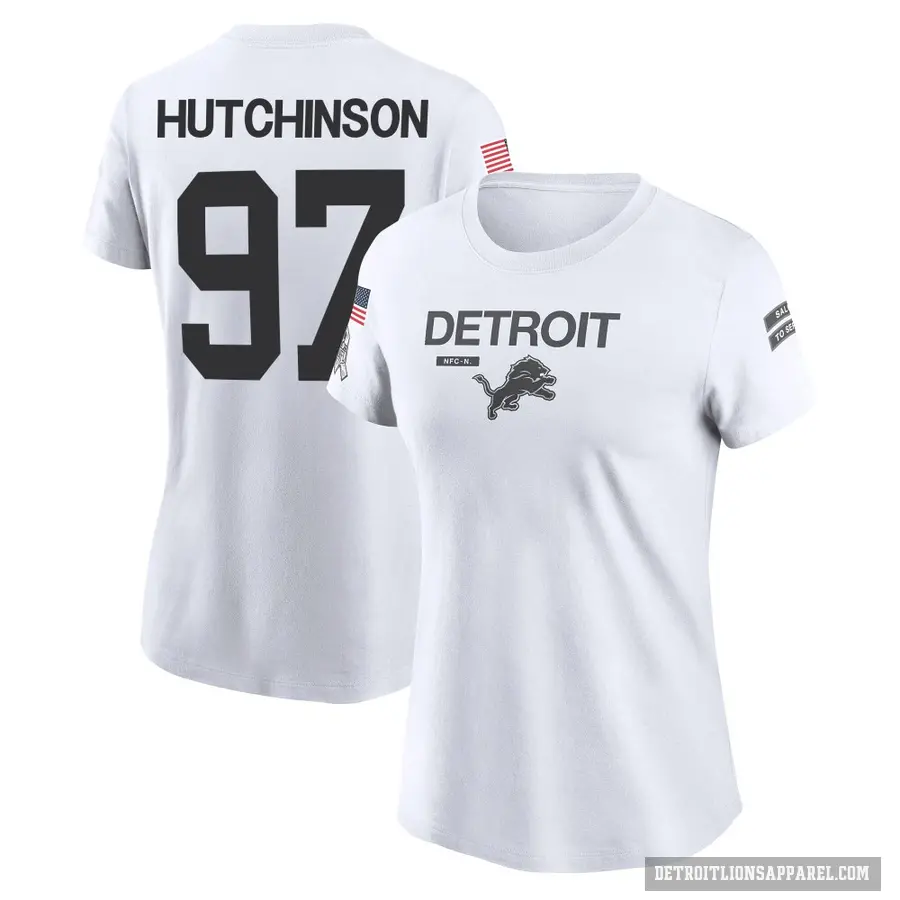 Women's ＃97 Aidan Hutchinson Detroit Lions White 2024 Salute to Service Performance T-Shirt