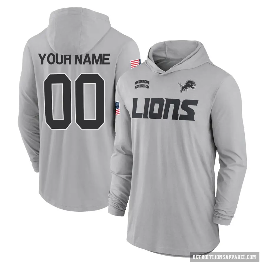 Youth ＃00 Custom Detroit Lions Gray 2024 Salute to Service Lightweight Performance Long Sleeve Hooded T-Shirt