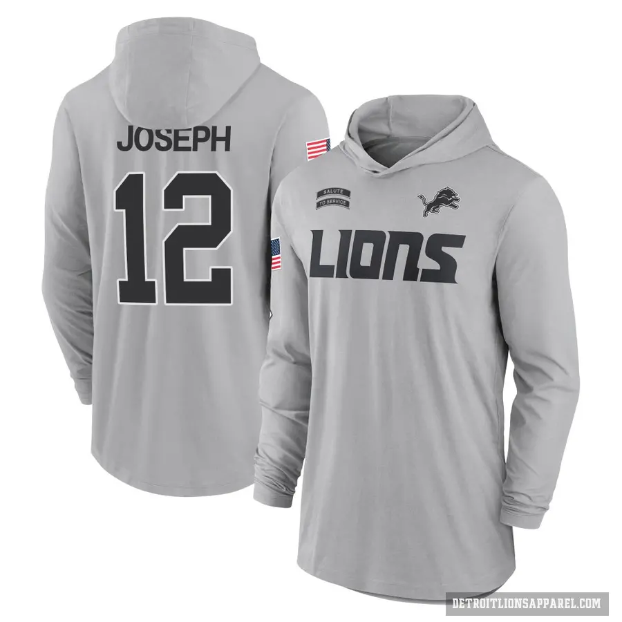 Youth ＃12 Brandon Joseph Detroit Lions Gray 2024 Salute to Service Lightweight Performance Long Sleeve Hooded T-Shirt