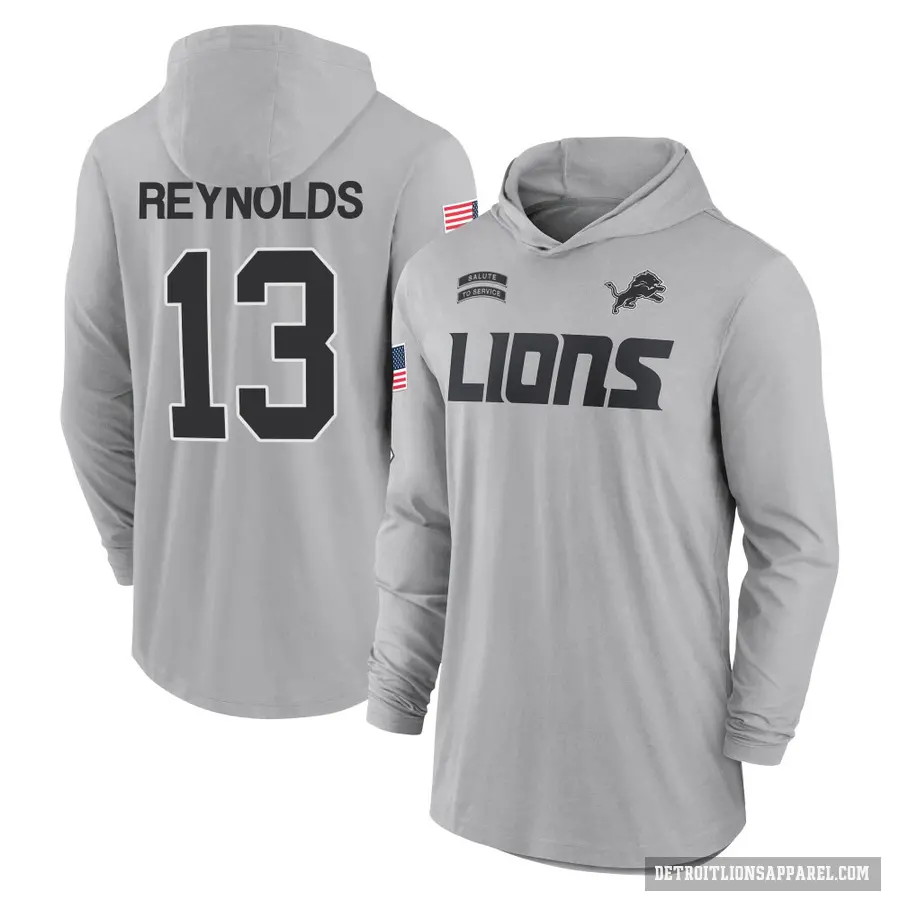 Youth ＃13 Craig Reynolds Detroit Lions Gray 2024 Salute to Service Lightweight Performance Long Sleeve Hooded T-Shirt