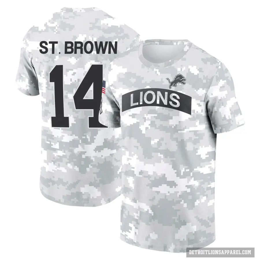 Youth ＃14 Amon-Ra St. Brown Detroit Lions Brown Arctic Camo 2024 Salute to Service Performance T-Shirt