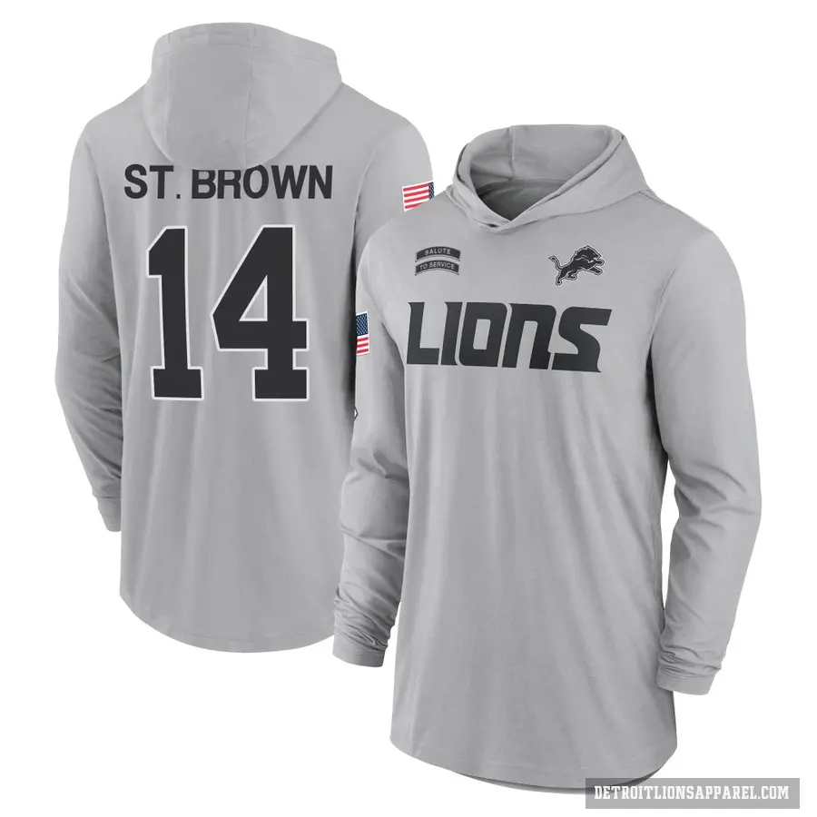 Youth ＃14 Amon-Ra St. Brown Detroit Lions Brown Gray 2024 Salute to Service Lightweight Performance Long Sleeve Hooded T-Shirt