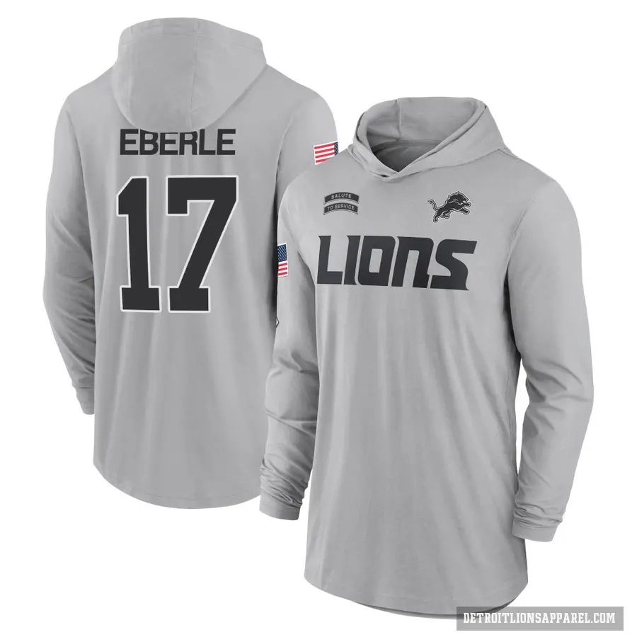 Youth ＃17 Dominik Eberle Detroit Lions Gray 2024 Salute to Service Lightweight Performance Long Sleeve Hooded T-Shirt