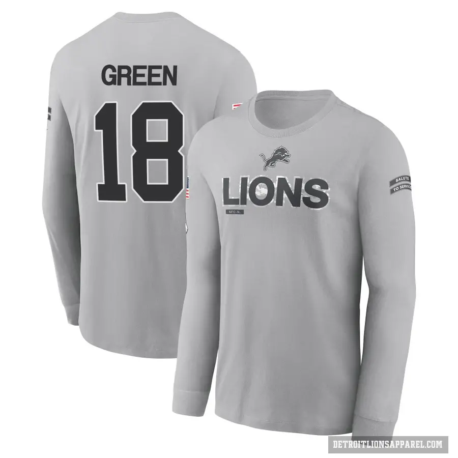 Youth ＃18 Antoine Green Detroit Lions Green Gray 2024 Salute to Service Long Sleeve T-Shirt