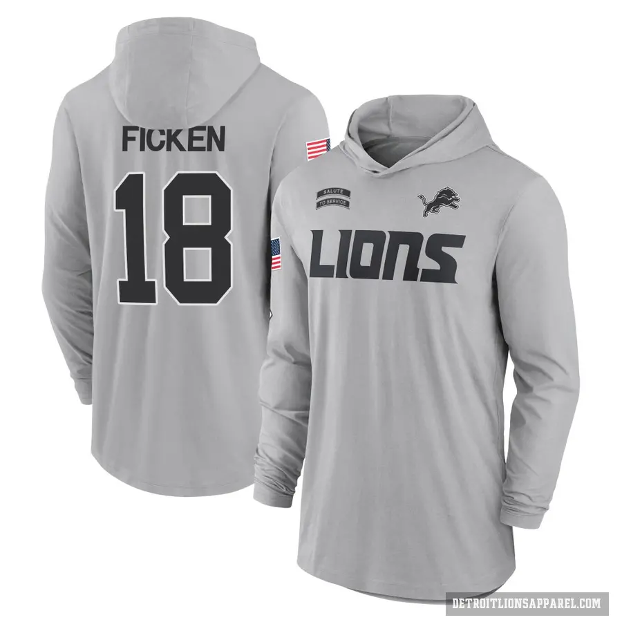 Youth ＃18 Sam Ficken Detroit Lions Gray 2024 Salute to Service Lightweight Performance Long Sleeve Hooded T-Shirt