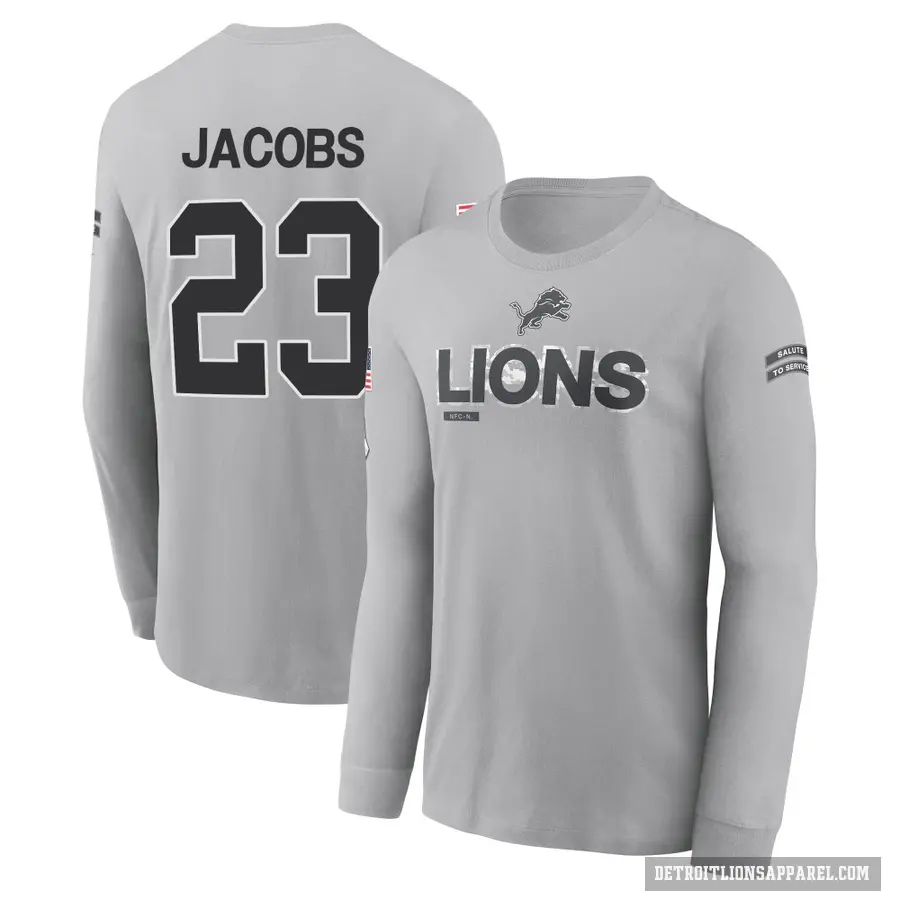 Youth ＃23 Jerry Jacobs Detroit Lions Gray 2024 Salute to Service Long Sleeve T-Shirt