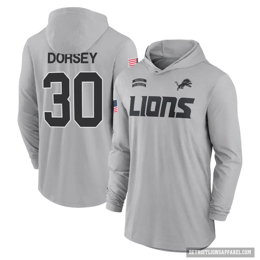 Youth ＃30 Khalil Dorsey Detroit Lions Gray 2024 Salute to Service Lightweight Performance Long Sleeve Hooded T-Shirt