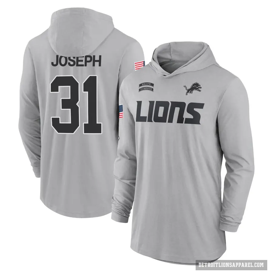 Youth ＃31 Kerby Joseph Detroit Lions Gray 2024 Salute to Service Lightweight Performance Long Sleeve Hooded T-Shirt