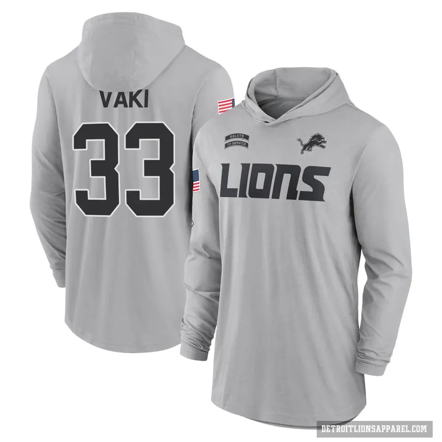 Youth ＃33 Sione Vaki Detroit Lions Gray 2024 Salute to Service Lightweight Performance Long Sleeve Hooded T-Shirt