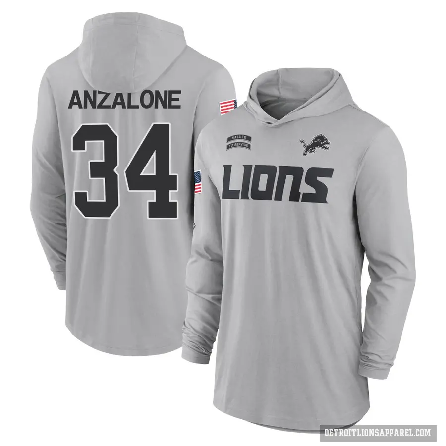 Youth ＃34 Alex Anzalone Detroit Lions Gray 2024 Salute to Service Lightweight Performance Long Sleeve Hooded T-Shirt